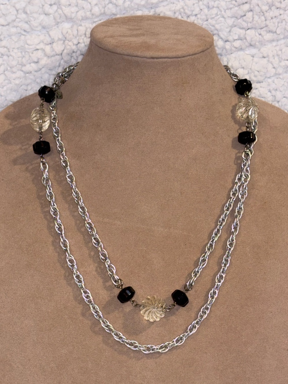 Vintage Sarah Coventry Long Silver Tone Chain Necklace Black Lucite Beads